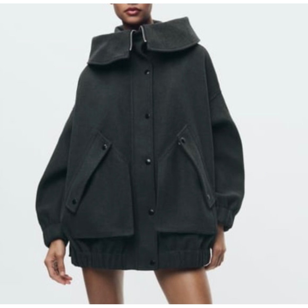 Zara Wool Blend Oversized Hooded Bomber Jacket Snap Front NWT Sz M-L